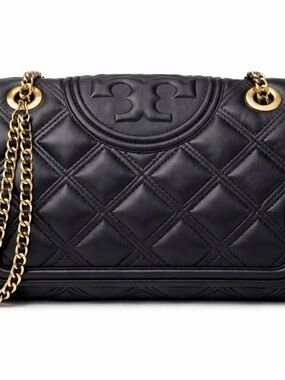 Tory Burch Fleming Convertible Shoulder Bag Black Quilted Leather Gold Chain Str